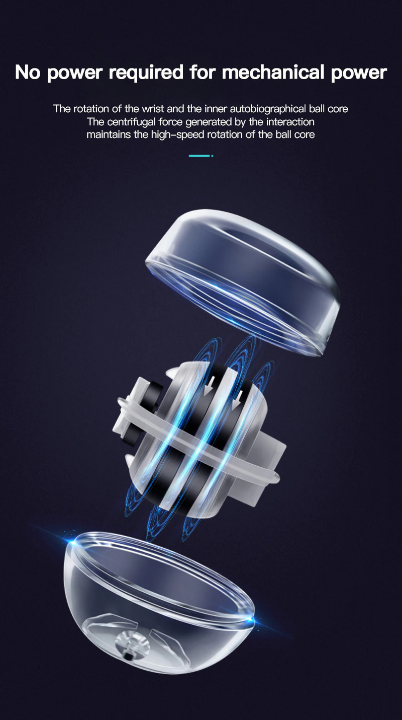 No power required for mechanical power: The rotation of the wrist and the inner autobiographical ball core. The centrifugal force generated by the interaction maintains the high-speed rotation of the ball core | 機械動力無需電池:手腕轉動,內自轉球芯。相互作用產生的離心力維持球芯的高速旋轉