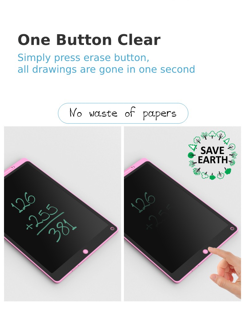 One Button Clear: Simply press erase button, all drawings are gone in a second. No waste of papers | 一鍵清除:只需按下擦除按鈕,所有繪圖會在一秒鐘內消失。減少紙張更環保